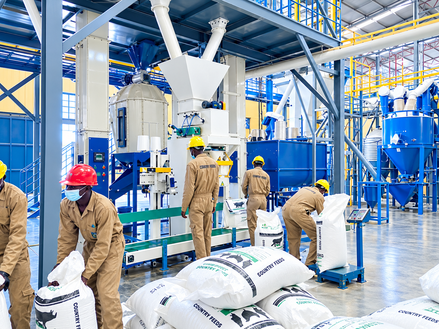 Workers filling animal-feed sacks on a production line
