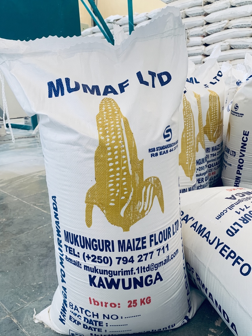 Stock of maize flour sacks in the warehouse